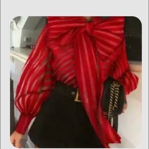 Ladies Bow Knot, long sheer puff sleeve Blouse